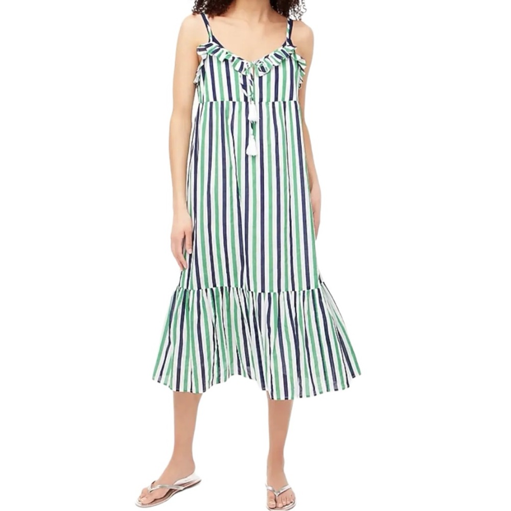 J Crew Factory NWT Striped Ruffle Spaghetti Strap Tiered Midi Cover Up Sun Dress